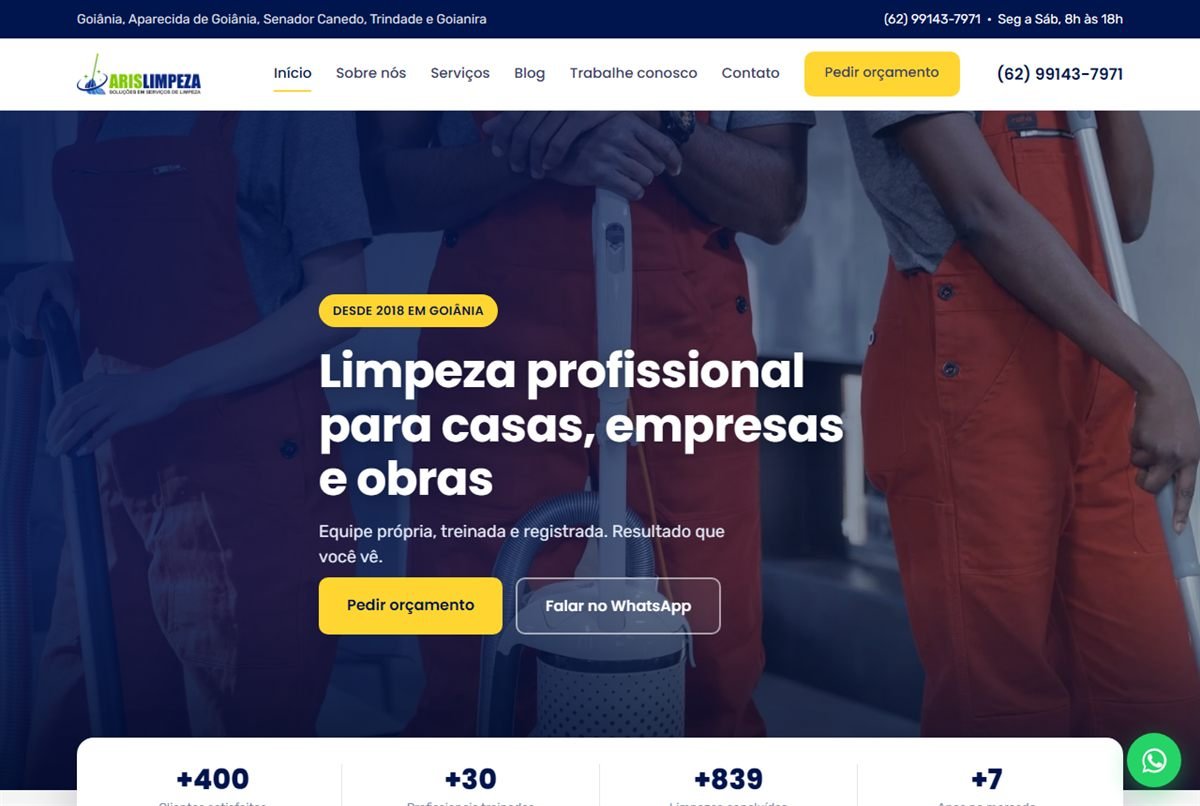 Página inicial do site de Aris Limpeza